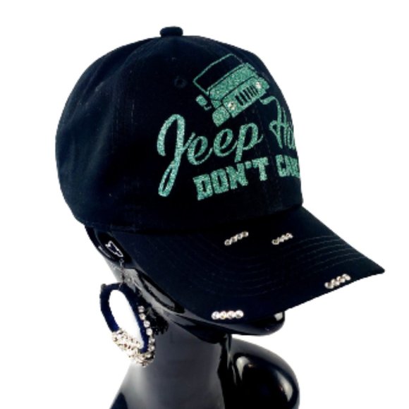 Jeep Hair Don't Care Black Baseball Adj. Cap with Jade Shiny Lettering & Swk. Cr - Picture 3 of 6